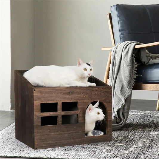 Wooden Cat Cave Bed Furniture, Sleep Lounge House/Bed with Cushion Pad