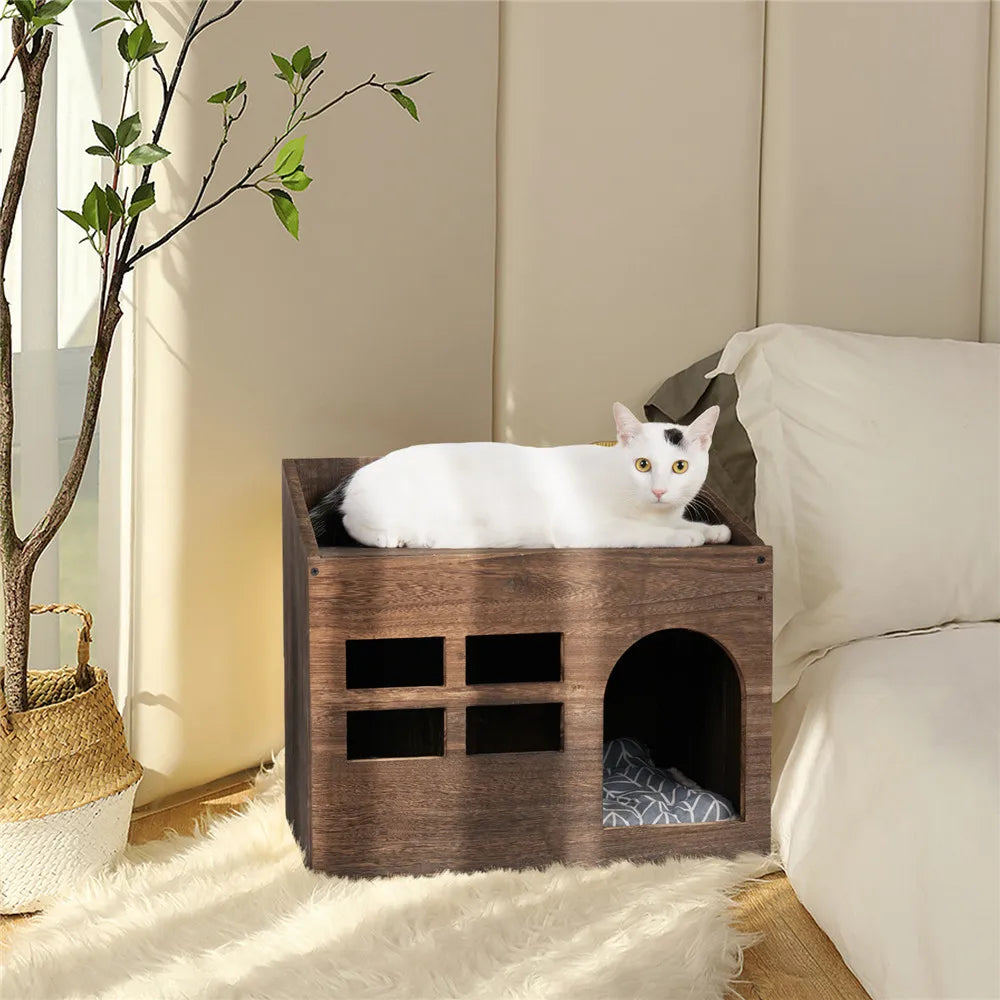 Wooden Cat Cave Bed Furniture, Sleep Lounge House/Bed with Cushion Pad