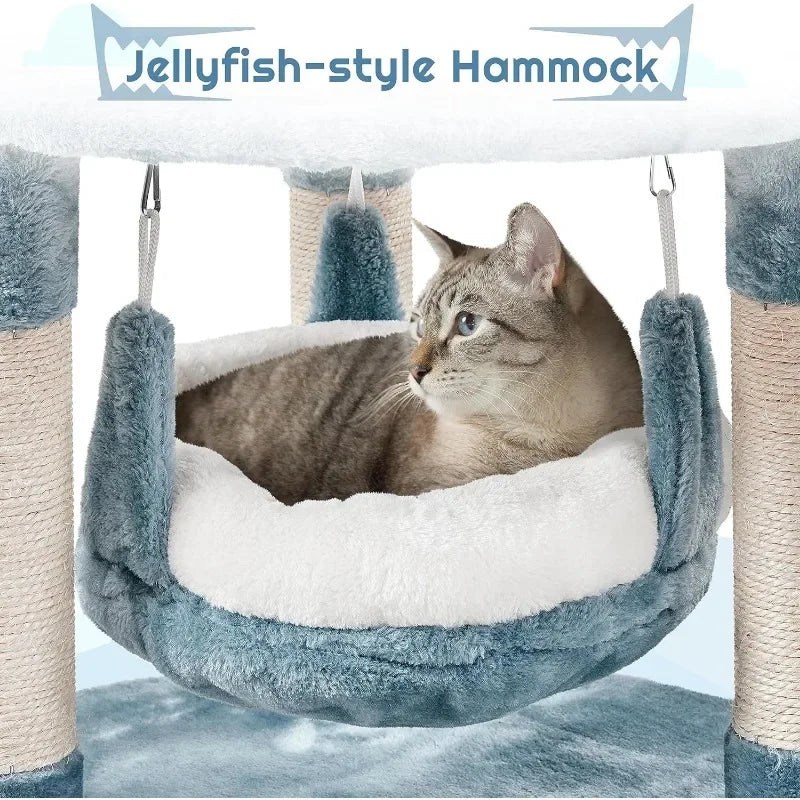 45.5in Ocean-Themed Cat Tree Multi-Level Tower, Plush Furniture with Shark's Mouth-Shaped Nest, Sea Star-Shaped Perch,