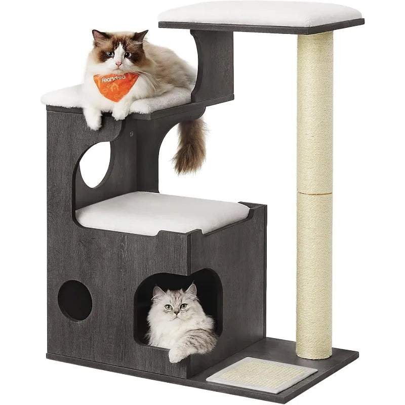 33.9-Inch Cat Tower, Medium Cat Tree with 3 Beds and Cave, Cat Condo Made of MDF with Wood Veneer,