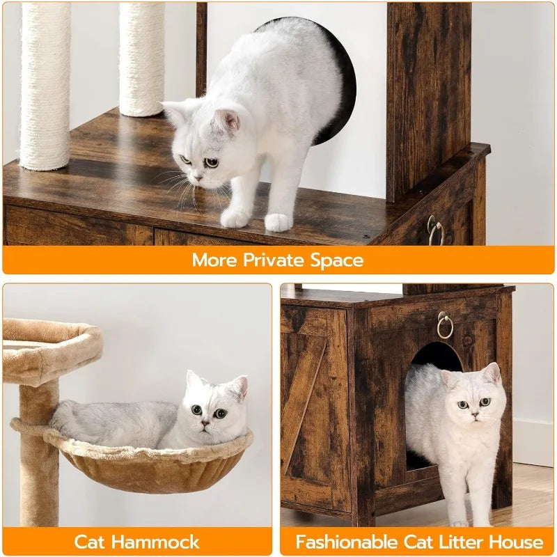 Cat Tree Tower with Litter Box Enclosure for Indoor Cats