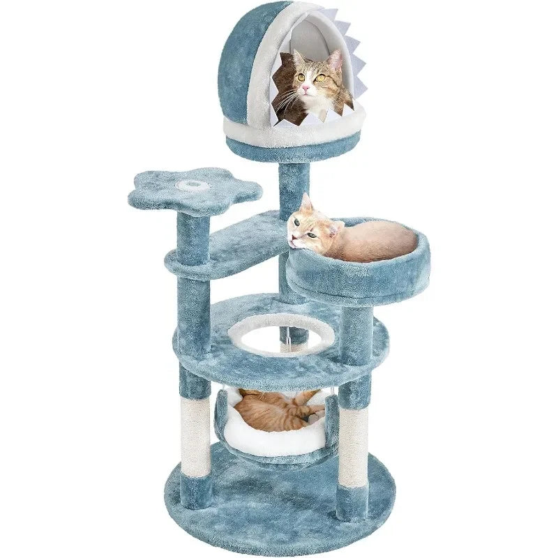 45.5in Ocean-Themed Cat Tree Multi-Level Tower, Plush Furniture with Shark's Mouth-Shaped Nest, Sea Star-Shaped Perch,