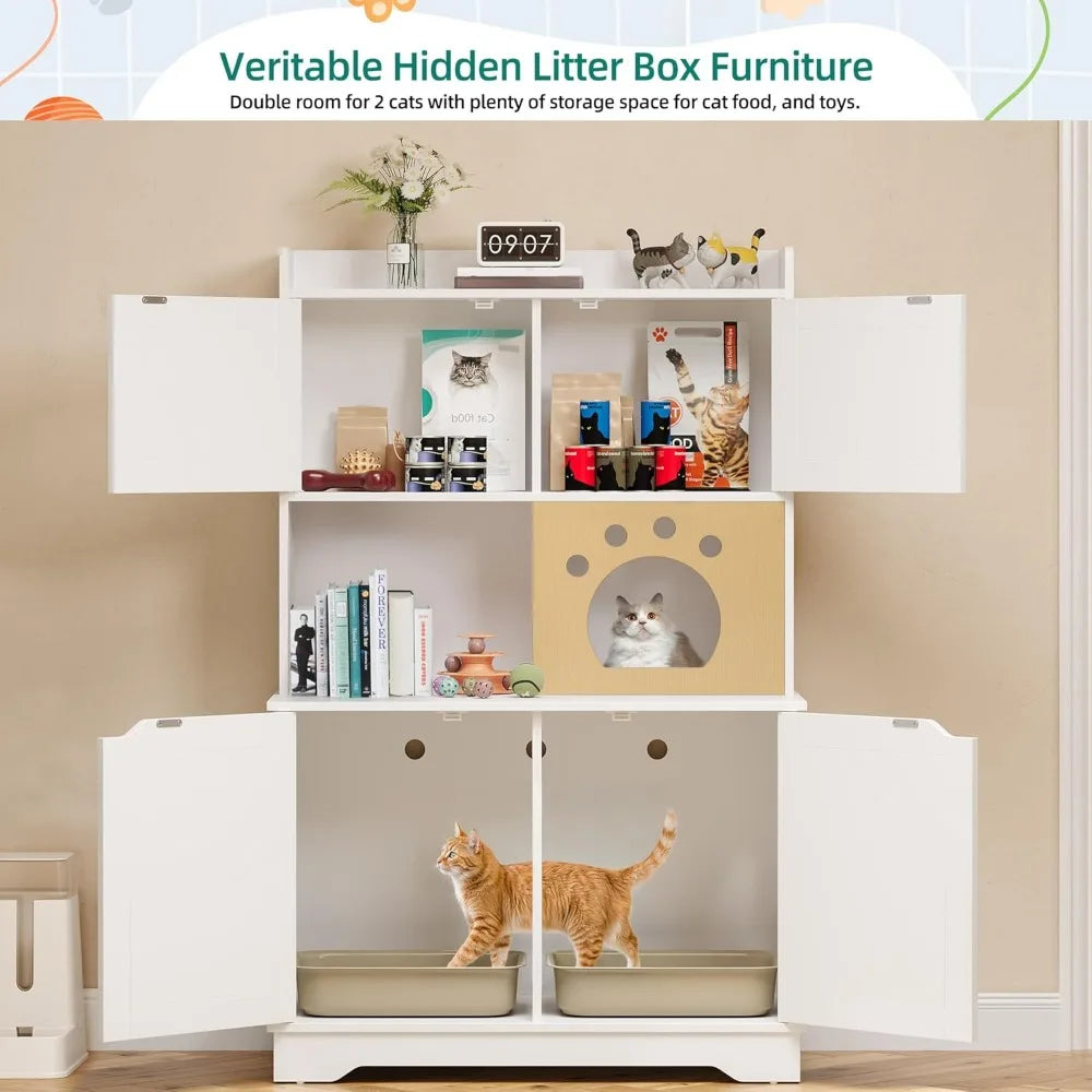 Cat Litter Box Enclosure with Double Room for 2 Cats