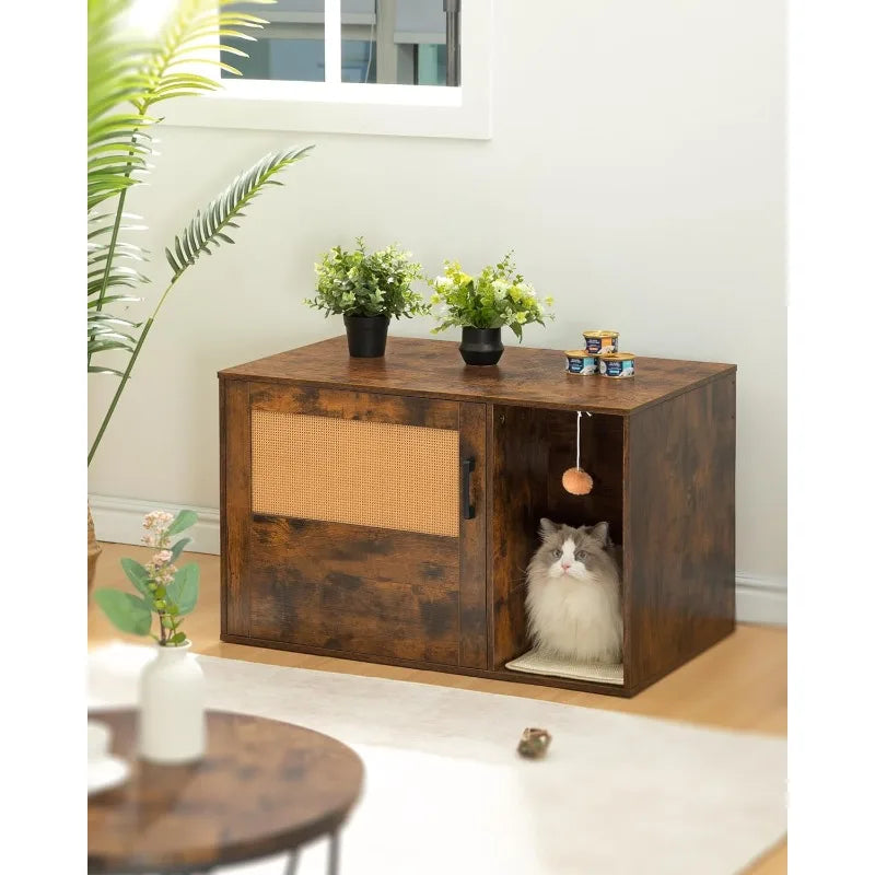 Cat Litter Box Enclosure with Rattan Door