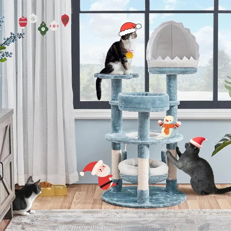 45.5in Ocean-Themed Cat Tree Multi-Level Tower, Plush Furniture with Shark's Mouth-Shaped Nest, Sea Star-Shaped Perch,