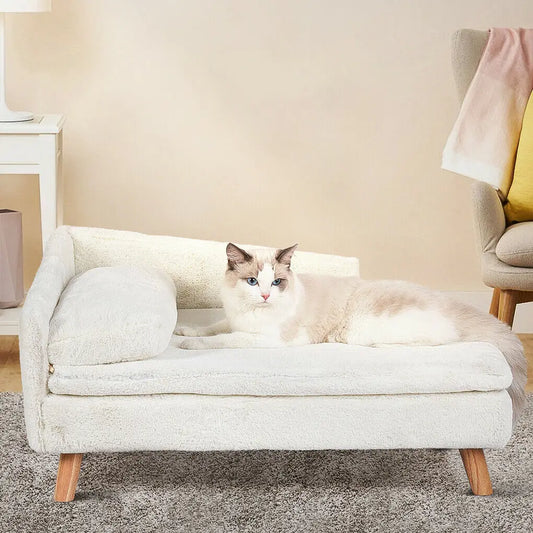 L-Shaped Cat/Dog Plush Sofa Lounge with Soft Cushion, Elevated Pet Bed, Solid Wood, for Indoor Use.