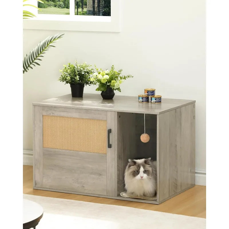 Cat Litter Box Enclosure with Rattan Door