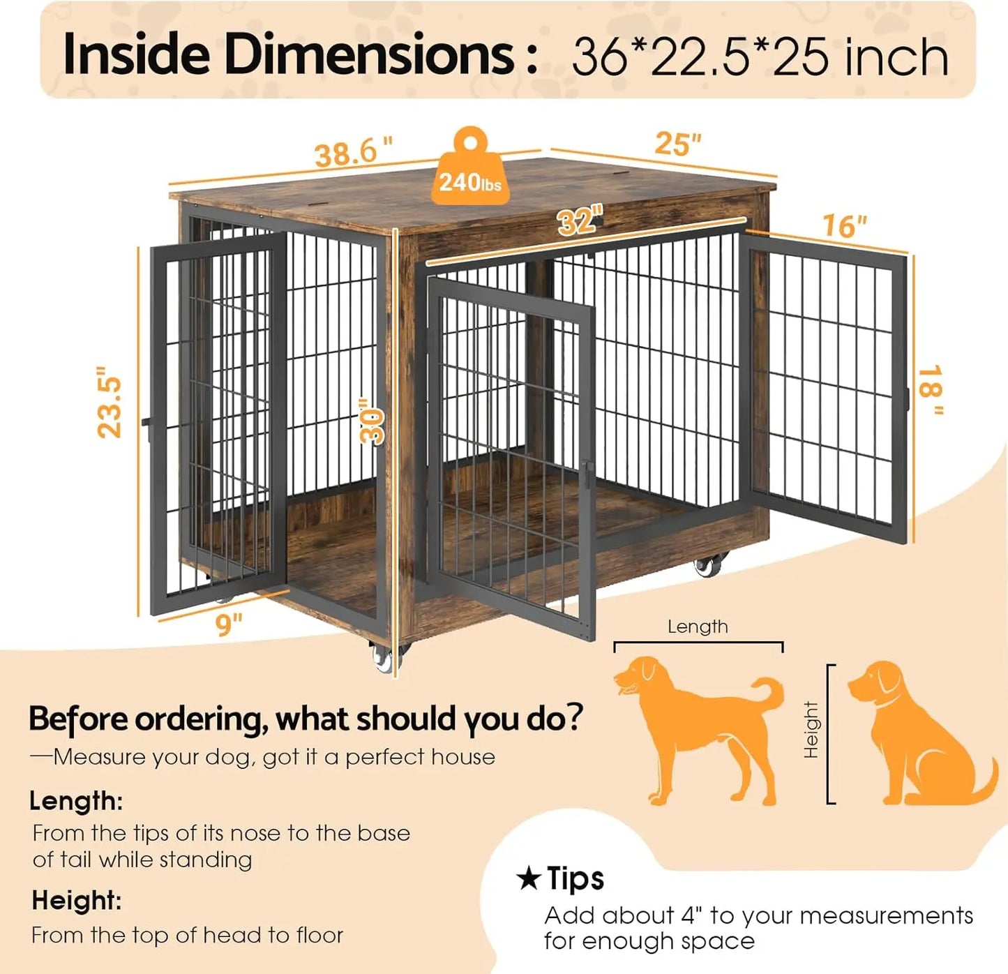 Dog Crate Furniture with Flip-Top, 38 Inch Double Doors