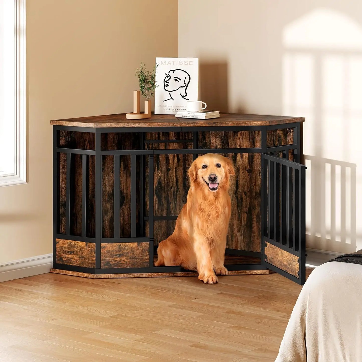 Corner Dog Crate Furniture, 52 Inch Heavy Duty Dog Kennel Indoor Furniture End Table Dog Crate for Large Dogs, Modern Decor