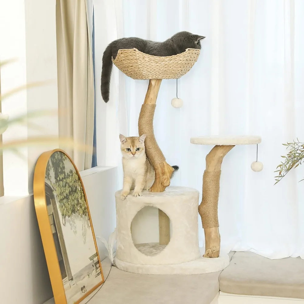 Real Wood Cat Tower With Scratch Post & Hiding Enclosure