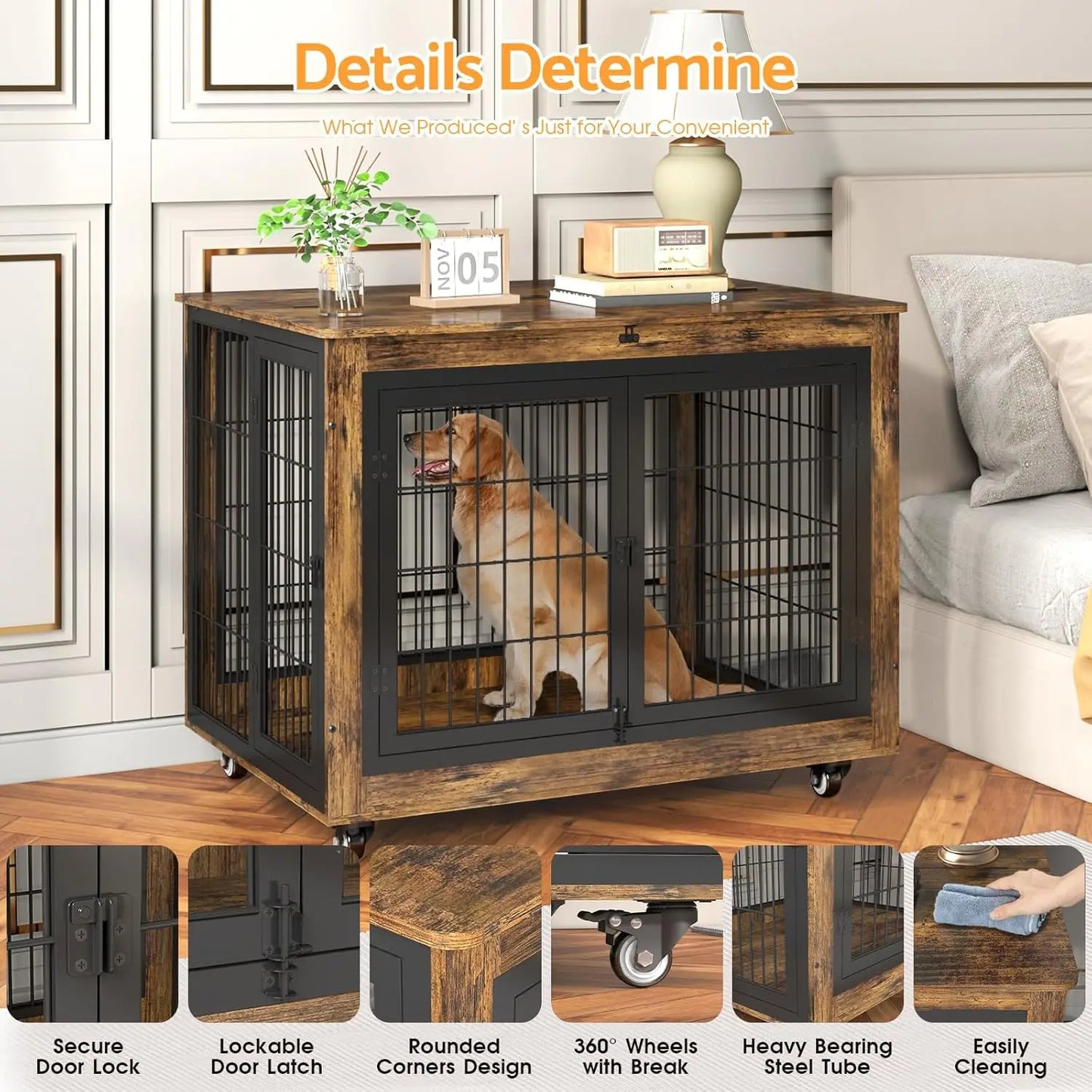 Dog Crate Furniture with Flip-Top, 38 Inch Double Doors