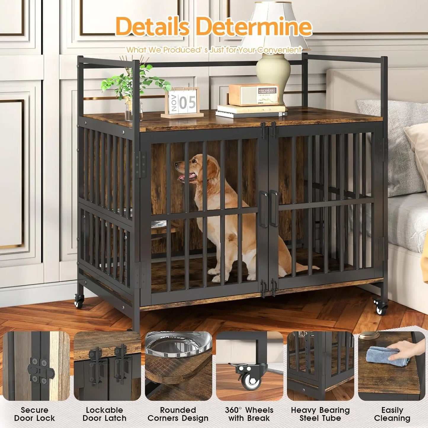 Dog Crate Furniture with Flip-Top, 38 Inch Double Doors