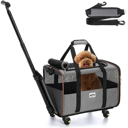 Airline Approved Rolling Pet Carrier with Telescopic Handle and Shoulder Strap