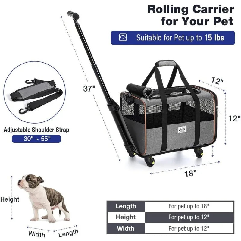 Airline Approved Rolling Pet Carrier with Telescopic Handle and Shoulder Strap