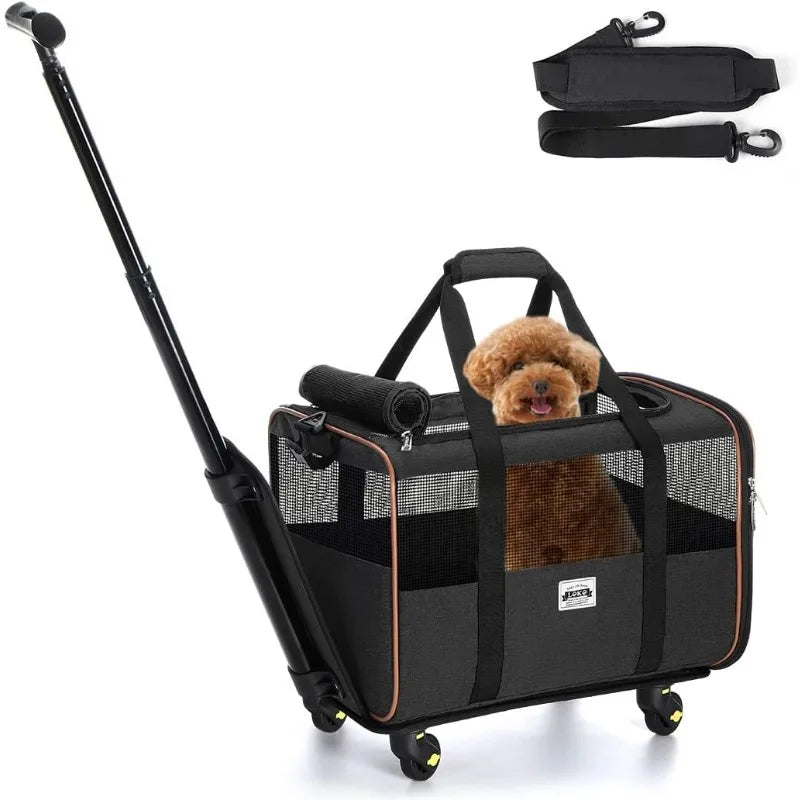 Airline Approved Rolling Pet Carrier with Telescopic Handle and Shoulder Strap