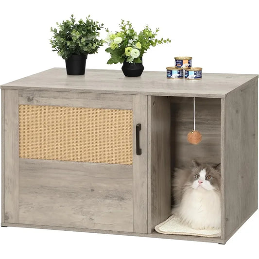 Cat Litter Box Enclosure with Rattan Door