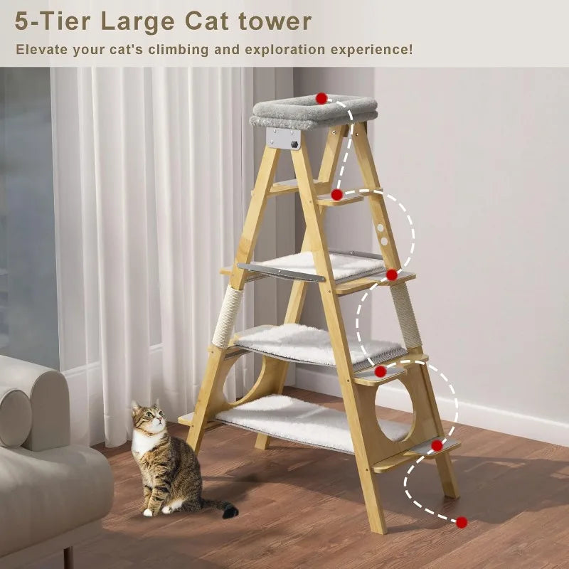 Wood Cat Tree Foldable Ladder Design with Hammock & Sisal Scratch Post