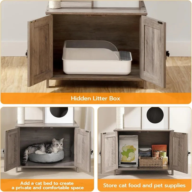 Cat Tree Tower with Litter Box Enclosure for Indoor Cats