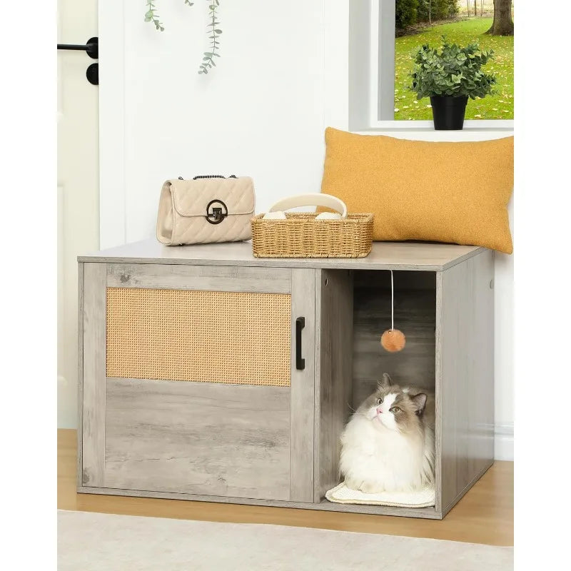 Cat Litter Box Enclosure with Rattan Door