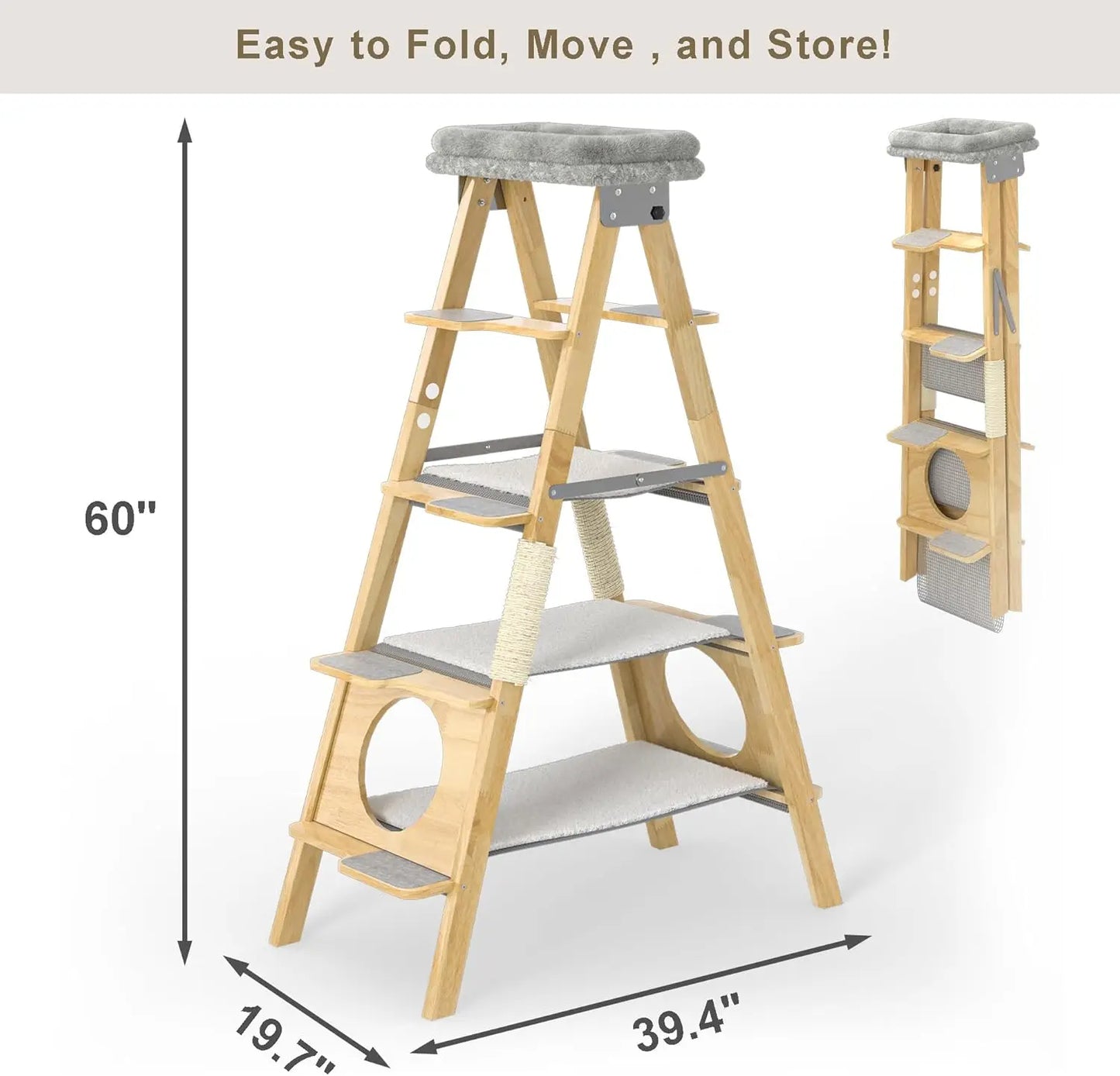 Wood Cat Tree Foldable Ladder Design with Hammock & Sisal Scratch Post