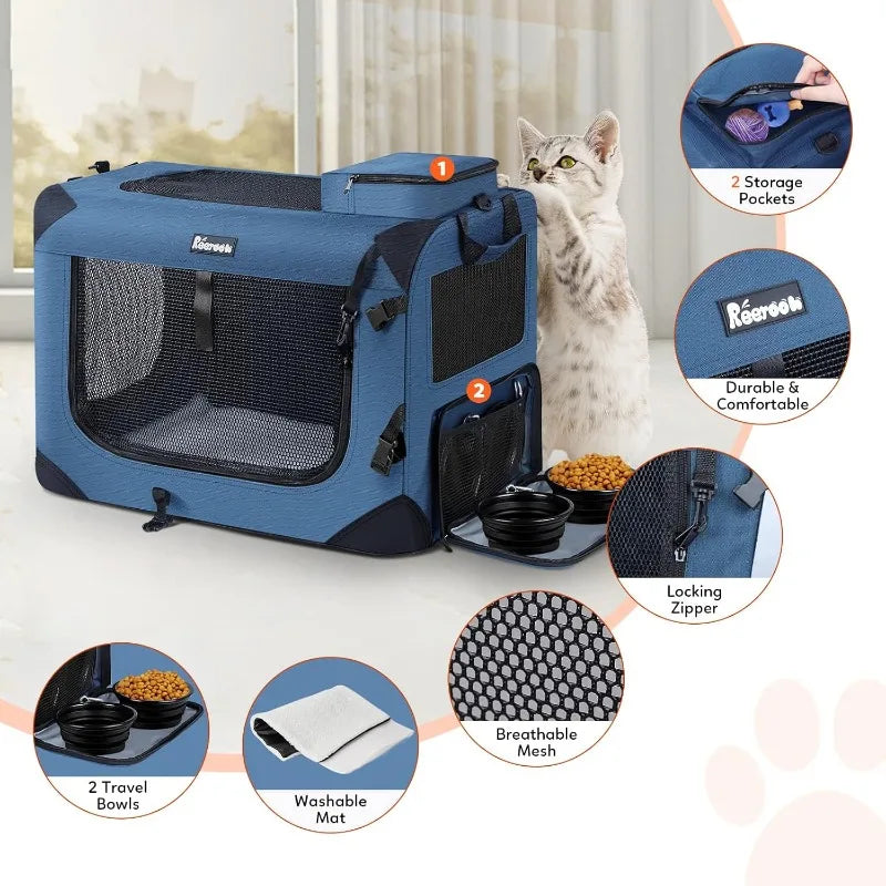 Pet Carrier 24"x17"x17", Soft Dog Crate with 2 Bowls, Collapsible