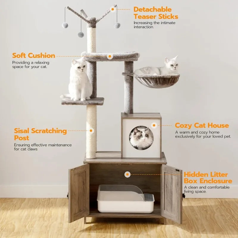 Cat Tree Tower with Litter Box Enclosure for Indoor Cats