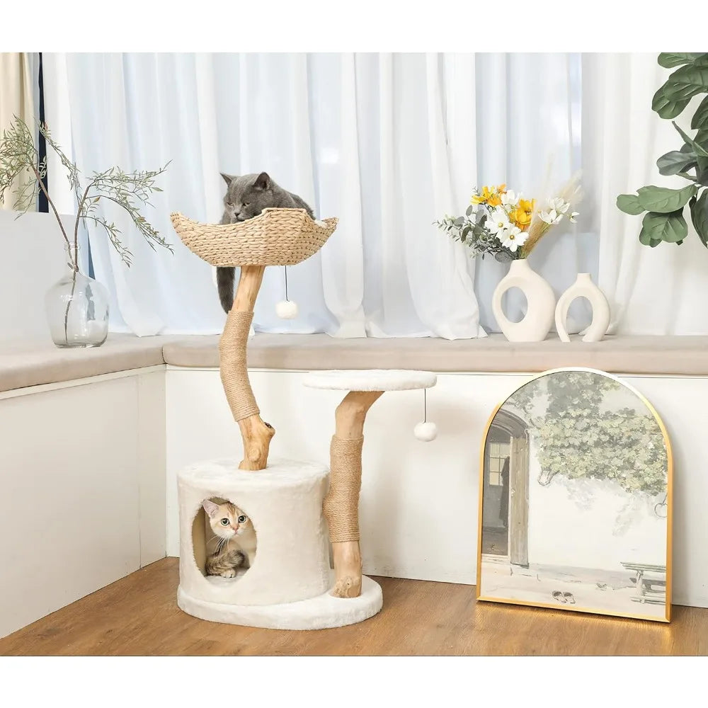 Real Wood Cat Tower With Scratch Post & Hiding Enclosure