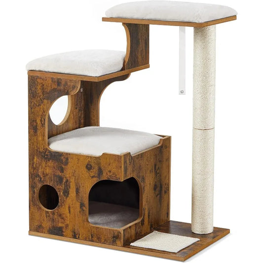 33.9-Inch Cat Tower, Medium Cat Tree with 3 Beds and Cave, Cat Condo Made of MDF with Wood Veneer,