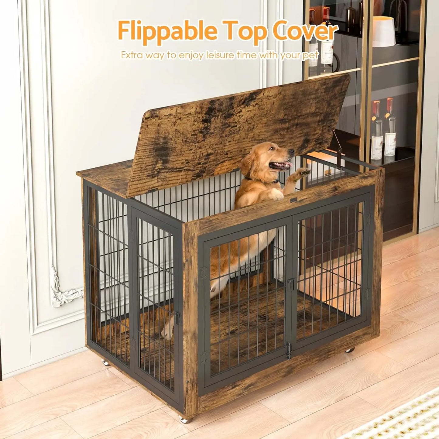 Dog Crate Furniture with Flip-Top, 38 Inch Double Doors