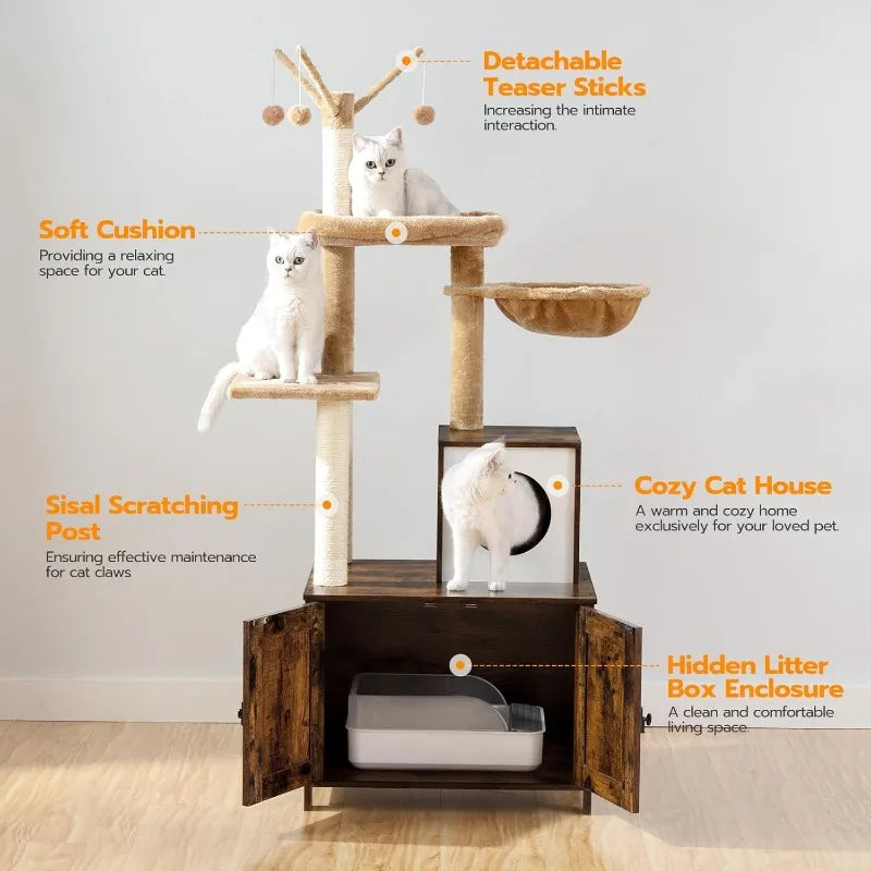 Cat Tree Tower with Litter Box Enclosure for Indoor Cats