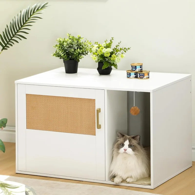 Cat Litter Box Enclosure with Rattan Door