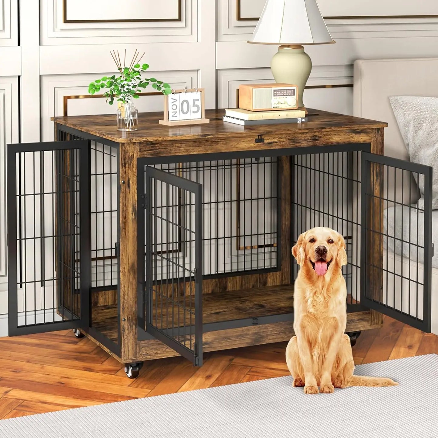 Dog Crate Furniture with Flip-Top, 38 Inch Double Doors