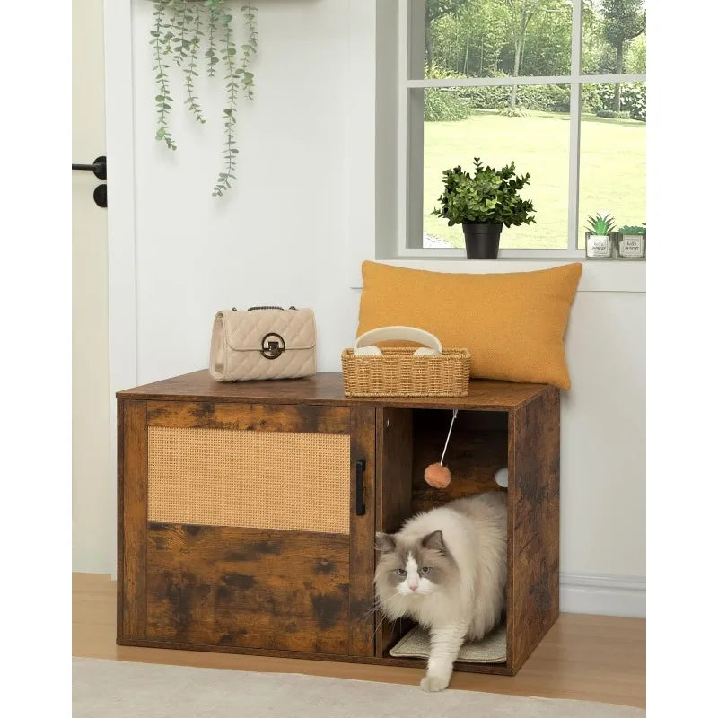 Cat Litter Box Enclosure with Rattan Door