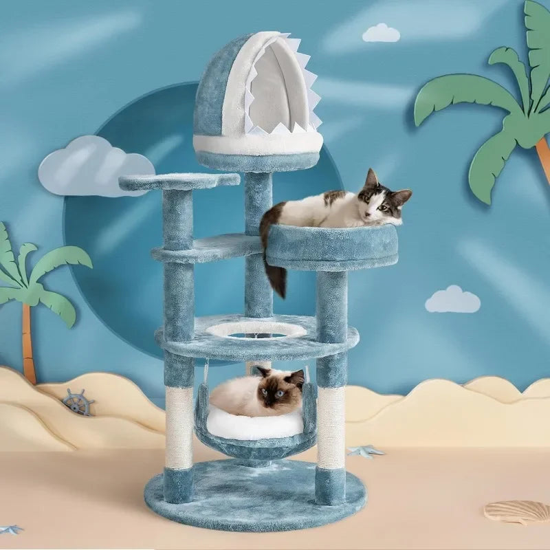 45.5in Ocean-Themed Cat Tree Multi-Level Tower, Plush Furniture with Shark's Mouth-Shaped Nest, Sea Star-Shaped Perch,