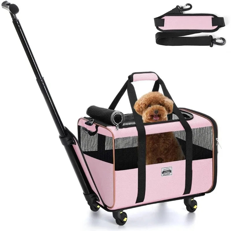 Airline Approved Rolling Pet Carrier with Telescopic Handle and Shoulder Strap