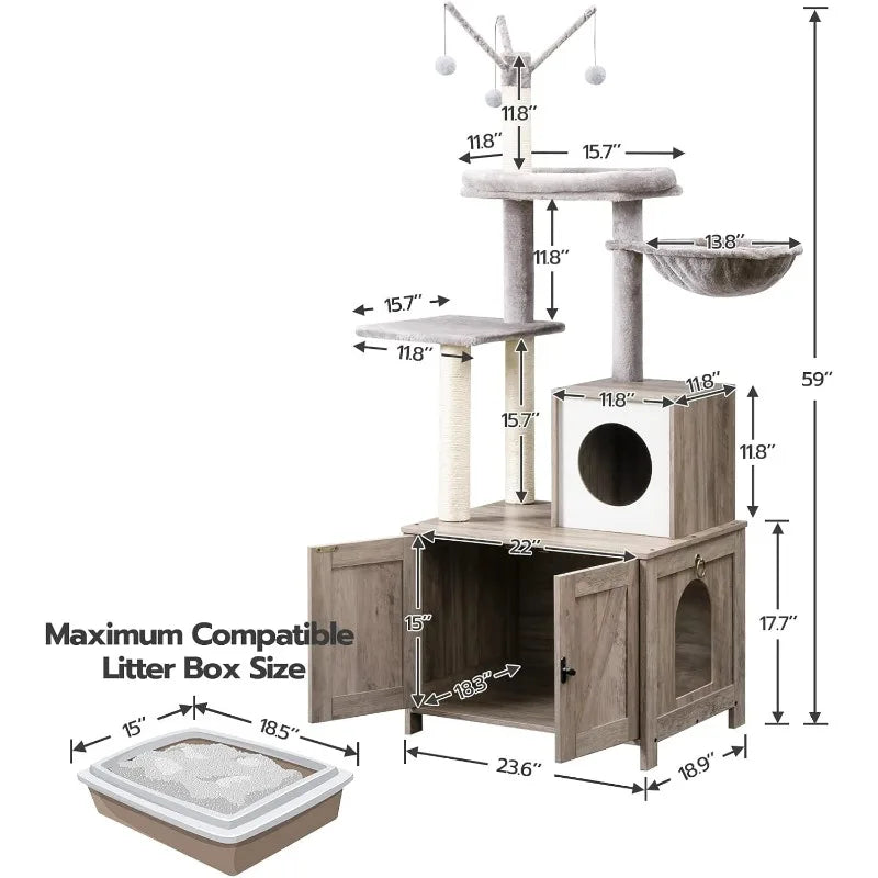 Cat Tree Tower with Litter Box Enclosure for Indoor Cats