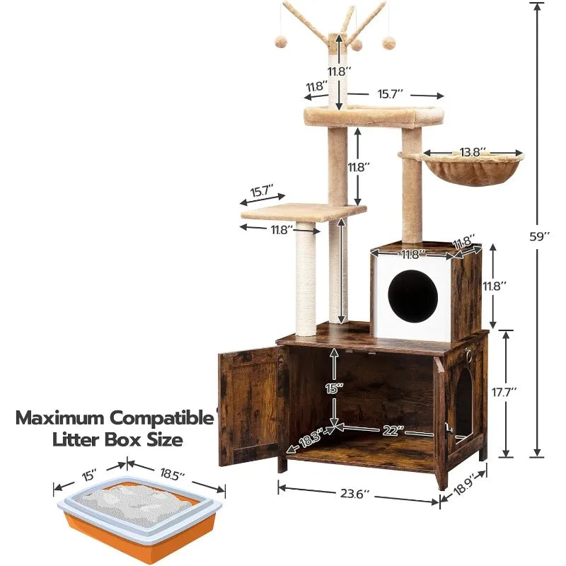 Cat Tree Tower with Litter Box Enclosure for Indoor Cats