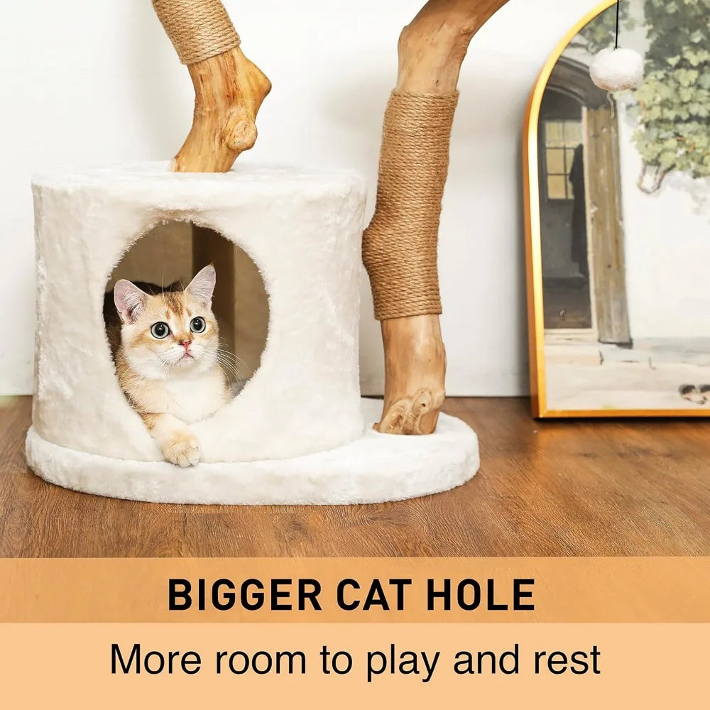 Real Wood Cat Tower With Scratch Post & Hiding Enclosure