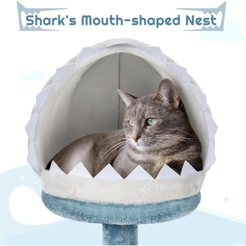 45.5in Ocean-Themed Cat Tree Multi-Level Tower, Plush Furniture with Shark's Mouth-Shaped Nest, Sea Star-Shaped Perch,