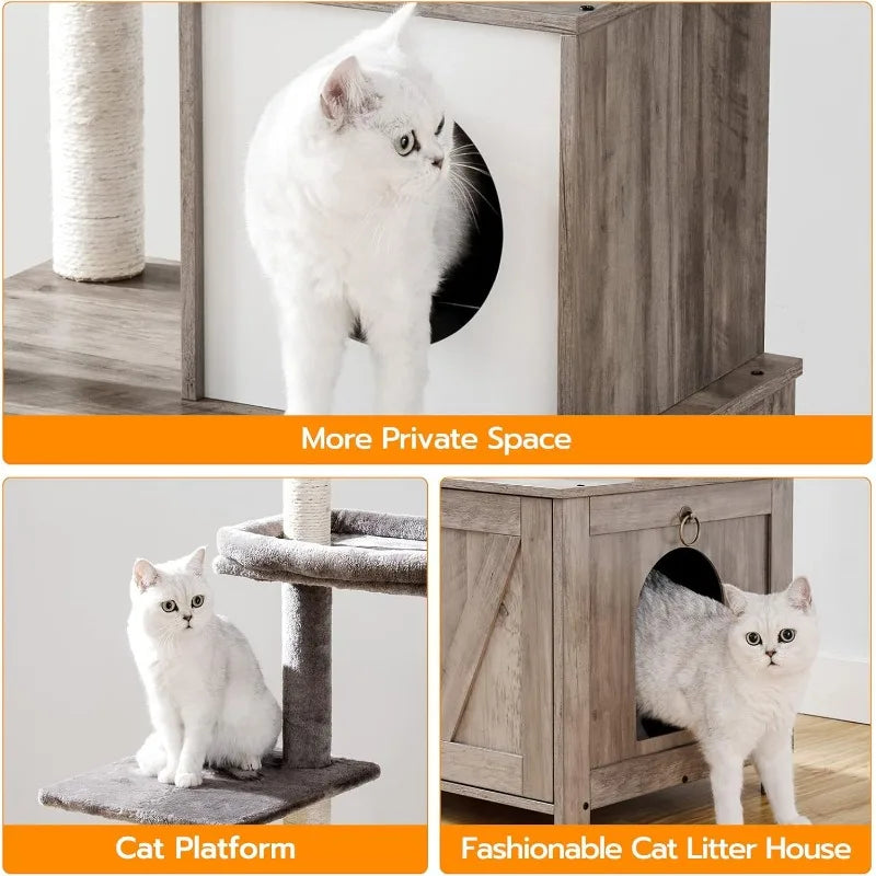 Cat Tree Tower with Litter Box Enclosure for Indoor Cats