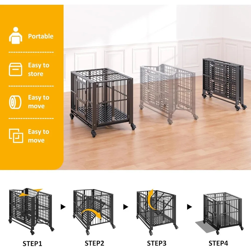 Heavy Duty Folding Dog Kennel, W/Lockable Wheels