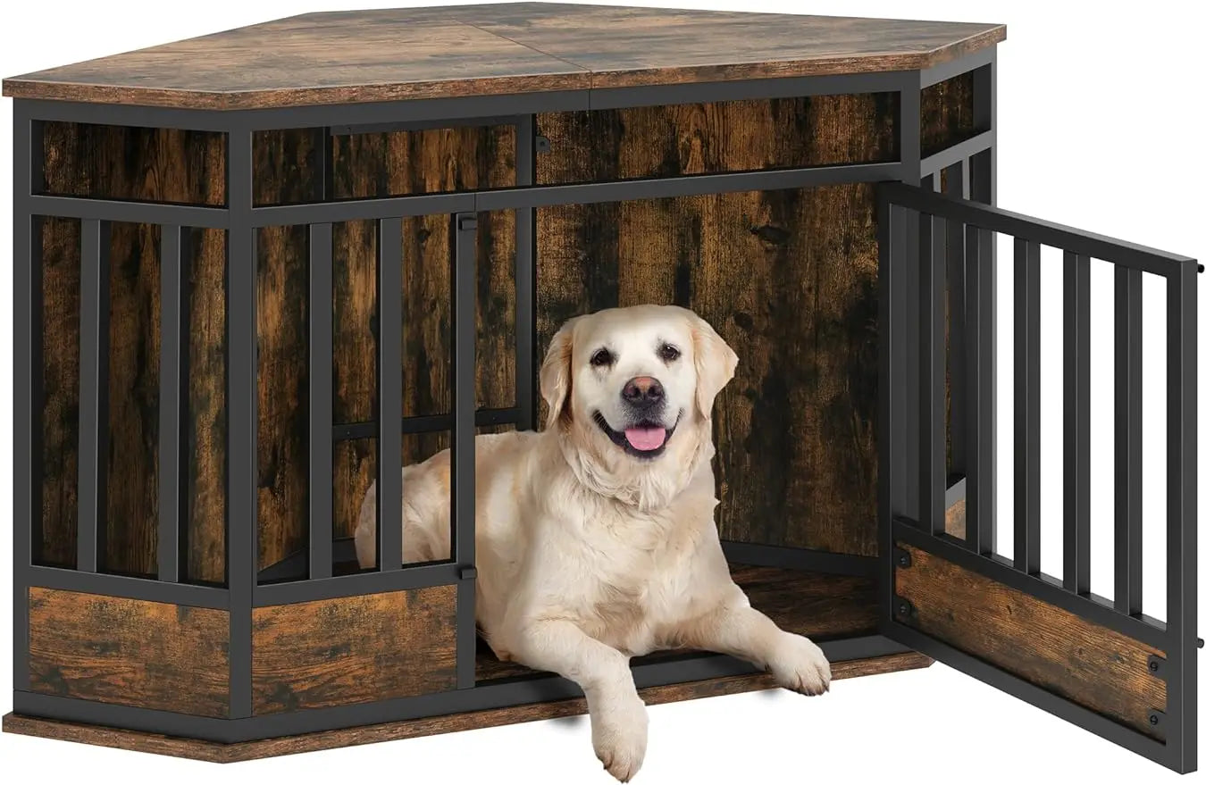 Corner Dog Crate Furniture, 52 Inch Heavy Duty Dog Kennel Indoor Furniture End Table Dog Crate for Large Dogs, Modern Decor