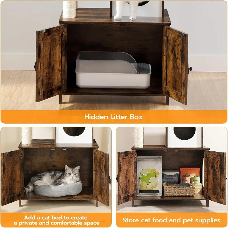 Cat Tree Tower with Litter Box Enclosure for Indoor Cats