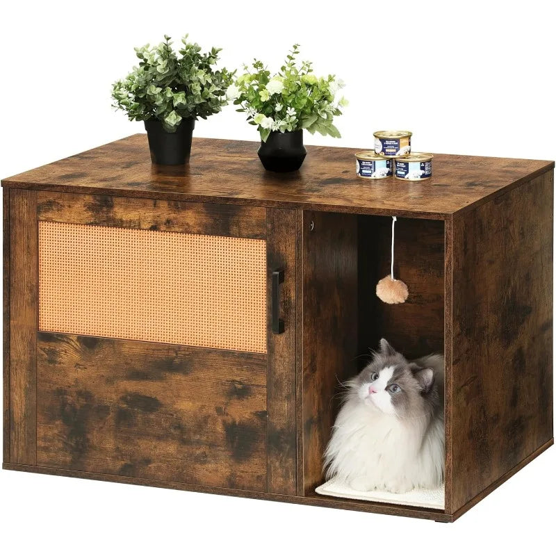 Cat Litter Box Enclosure with Rattan Door