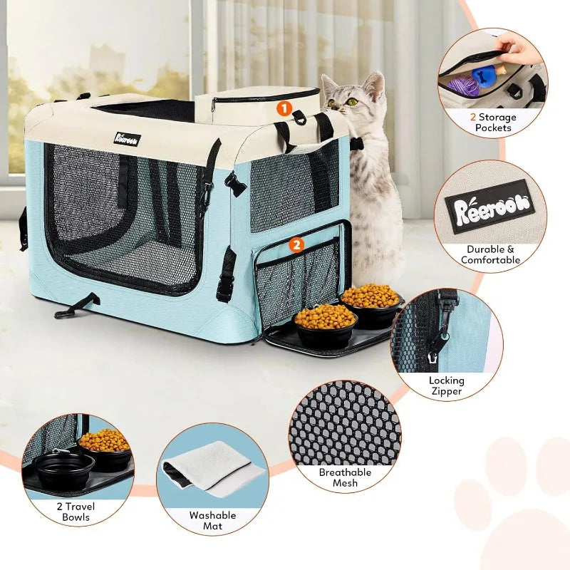 Pet Carrier 24"x17"x17", Soft Dog Crate with 2 Bowls, Collapsible