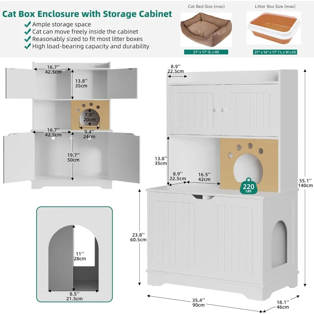 Cat Litter Box Enclosure with Double Room for 2 Cats